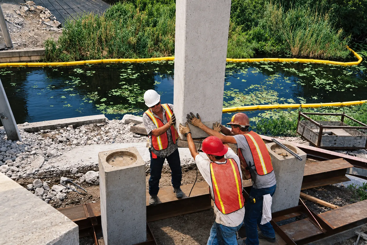 Workers guiding a prestressed concrete pile into position at a construction site